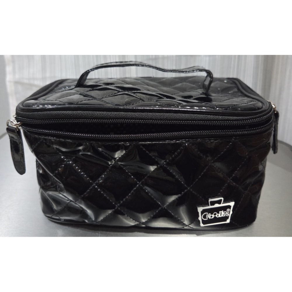 Caboodles Faux Black Patent Leather Quilted Zip Makeup Case Insert/Brush Slots